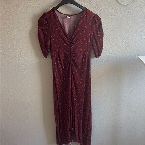 Red Ruched Midi Sundress with Puff Sleeves